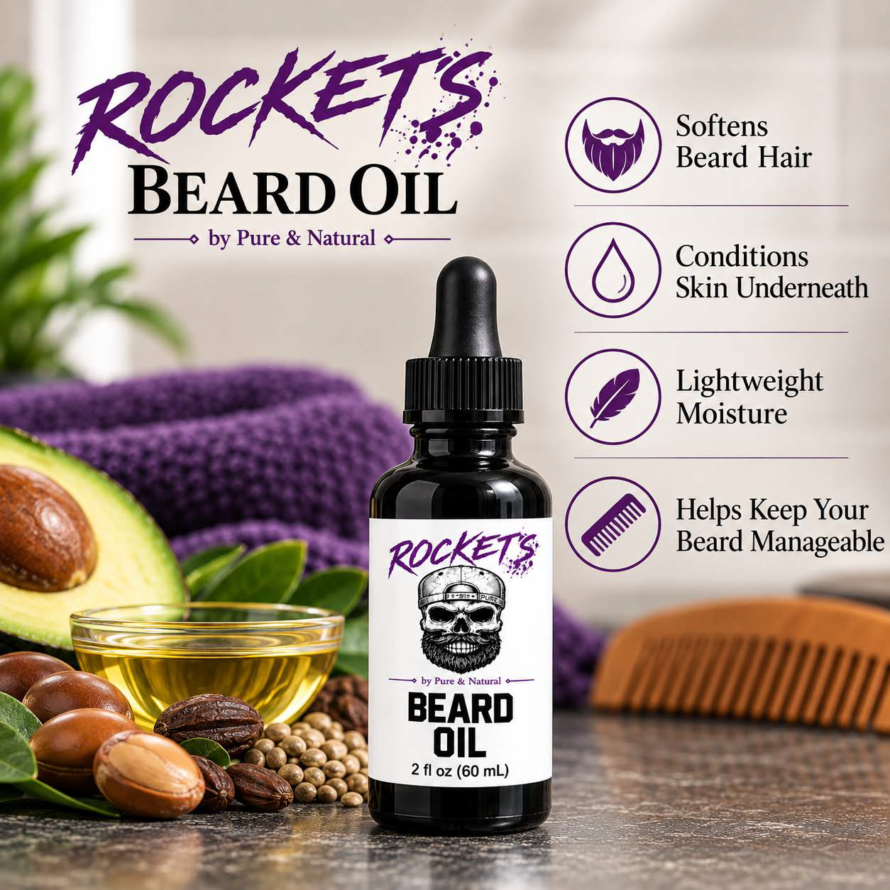 Rocket’s Beard Oil in a black 2 fl oz dropper bottle highlighting softer beard hair, conditioned skin, lightweight moisture, and improved manageability