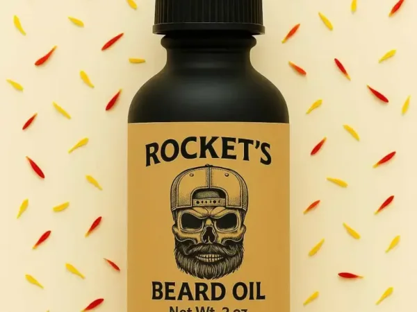 Rockets Beard Oil bottle with skull logo – premium natural beard care