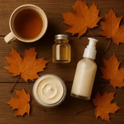 Flat lay of natural skincare products with fall leaves background