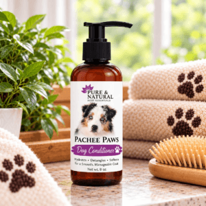 Pachee Paws natural dog conditioner in an 8 oz pump bottle with plant-based formula to soften, smooth, and detangle dog coats.
