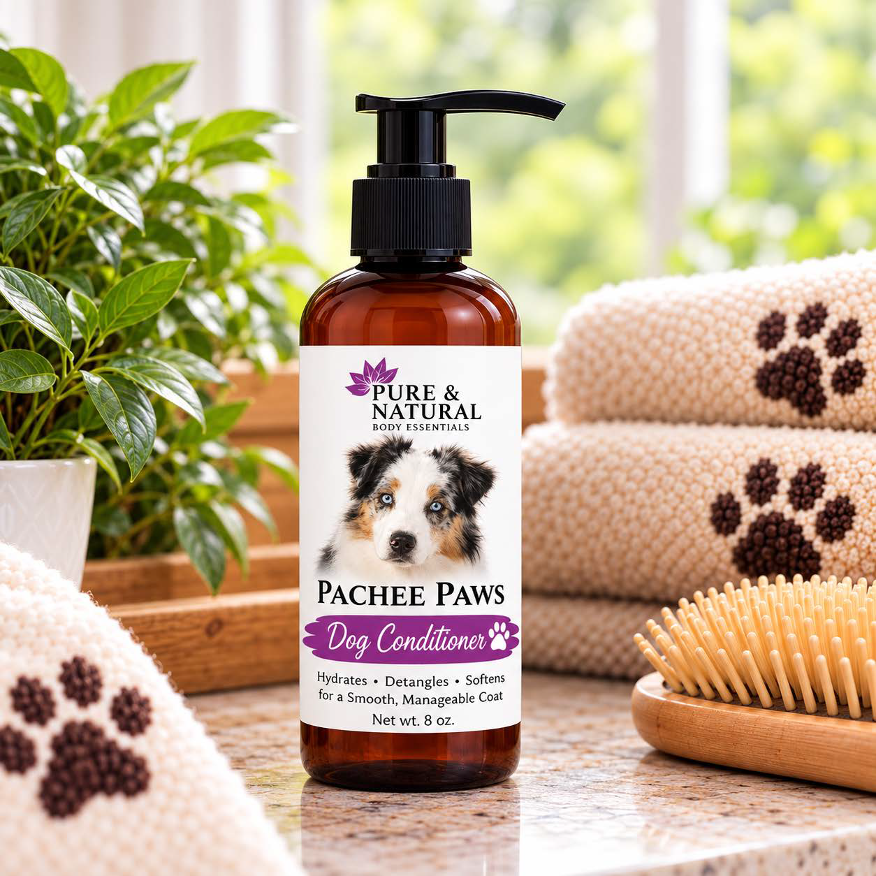 Pachee Paws natural dog conditioner in an 8 oz pump bottle with plant-based formula to soften, smooth, and detangle dog coats.