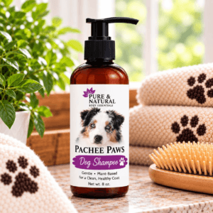 Pachee Paws natural dog shampoo in an 8 oz pump bottle with plant-based formula for gentle everyday coat cleansing.