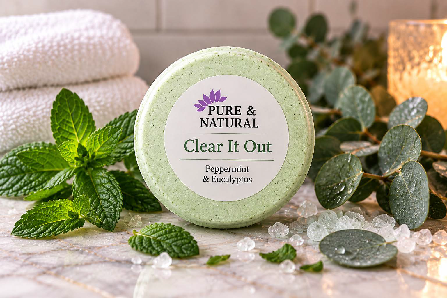 Pure & Natural Clear It Out aromatherapy shower steamer with peppermint and eucalyptus