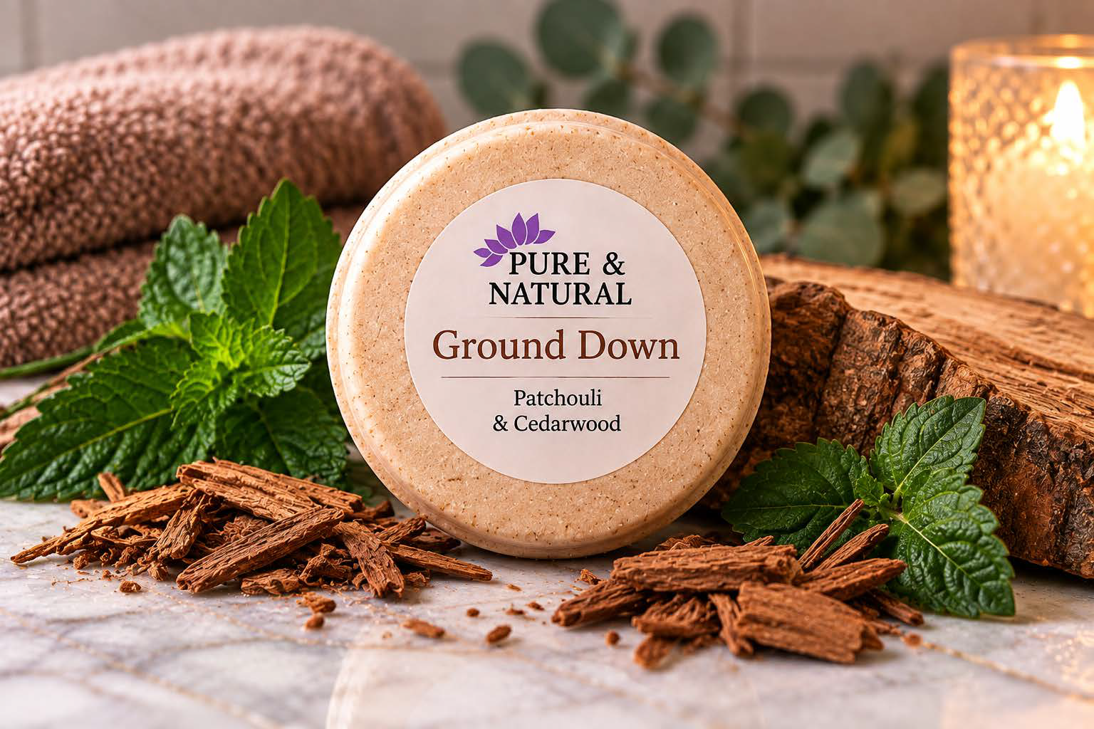 Pure & Natural Ground Down aromatherapy shower steamer with patchouli and cedarwood