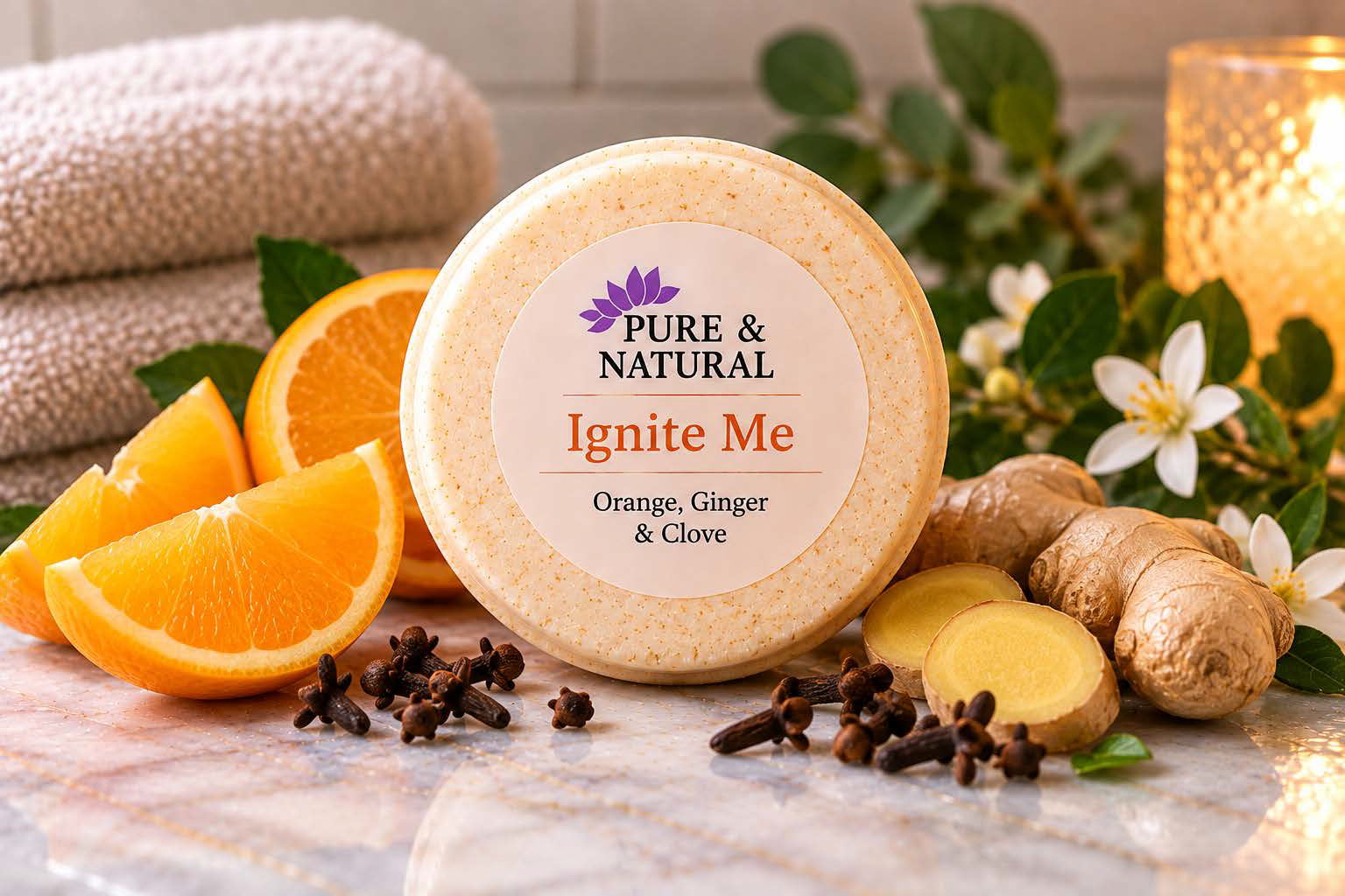 Pure & Natural Ignite Me aromatherapy shower steamer with orange, ginger and clove