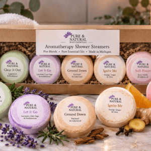 Pure & Natural aromatherapy shower steamers 5-pack sampler with five essential oil blends