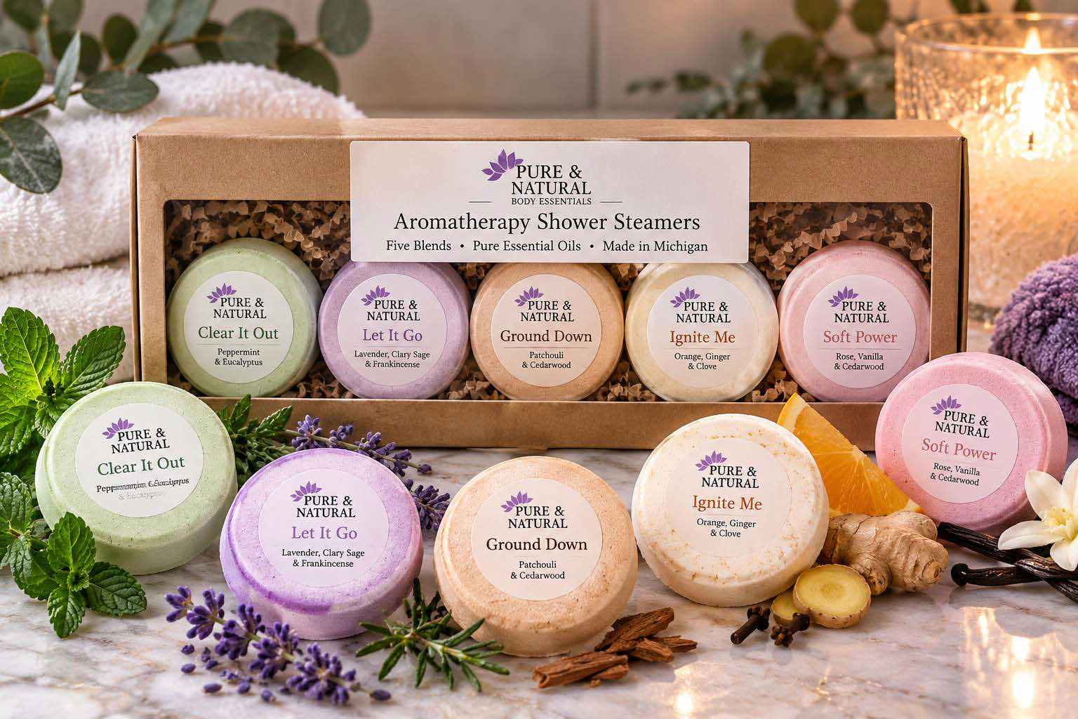 Pure & Natural aromatherapy shower steamers 5-pack sampler with five essential oil blends