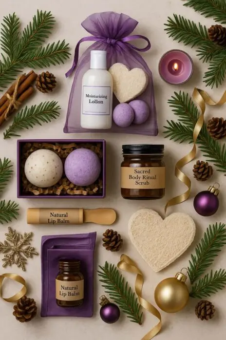 Holiday flat lay of handmade clean beauty gifts from Pure & Natural Body Essentials — vegan bath bombs, mini spa kits, beard care kits, and organic sugar scrubs