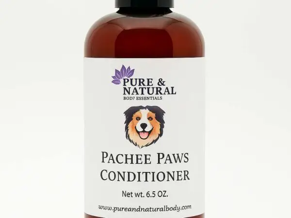 Amber bottle of Pachee Paws Natural Dog Conditioner by Pure & Natural Body Essentials on white background.