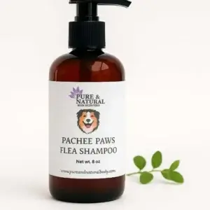 Bottle of Pachee Paws Flea Shampoo by Pure & Natural Body Essentials on a white background.