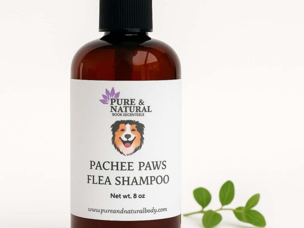 Bottle of Pachee Paws Flea Shampoo by Pure & Natural Body Essentials on a white background.