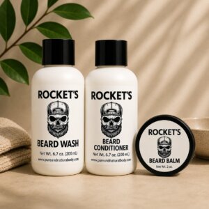 Styling Beard Care Set with shampoo, conditioner, and beard balm
