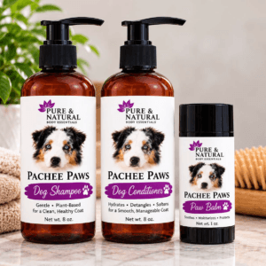 Natural dog care set with Pachee Paws 8 oz Dog Shampoo, 8 oz Dog Conditioner, and 1 oz Paw Balm