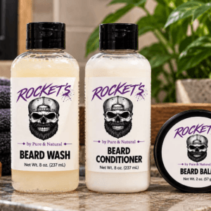 Rocket’s Beard Wash, Beard Conditioner, and Beard Balm featuring the official Rocket’s by Pure & Natural logo and complete beard care lineup.