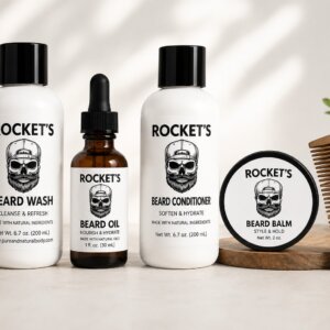Deluxe Beard Care Set with shampoo, conditioner, beard oil, and beard balm