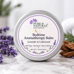 Bedtime Aromatherapy Balm with lavender and cedarwood in a silver tin, made in Michigan by Pure & Natural Body Essentials