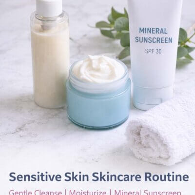 Sensitive skin skincare routine with gentle cleanser, moisturizer, and mineral sunscreen