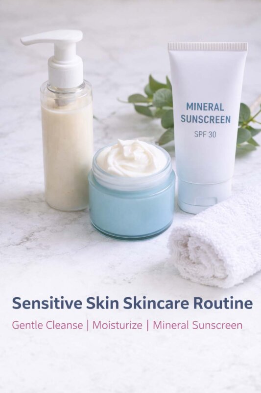 Sensitive skin skincare routine with gentle cleanser, moisturizer, and mineral sunscreen