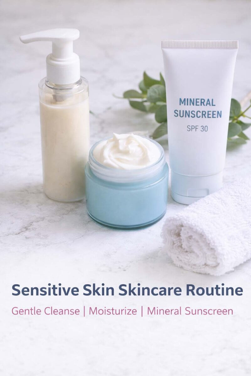 Sensitive skin skincare routine with gentle cleanser, moisturizer, and mineral sunscreen