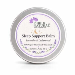 Sleep Support Balm with lavender and cedarwood in a metal tin, plant-based nighttime ritual balm