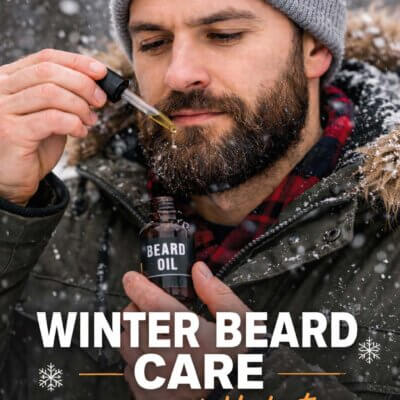 Man applying beard oil during winter beard care routine to prevent dryness and beard itch