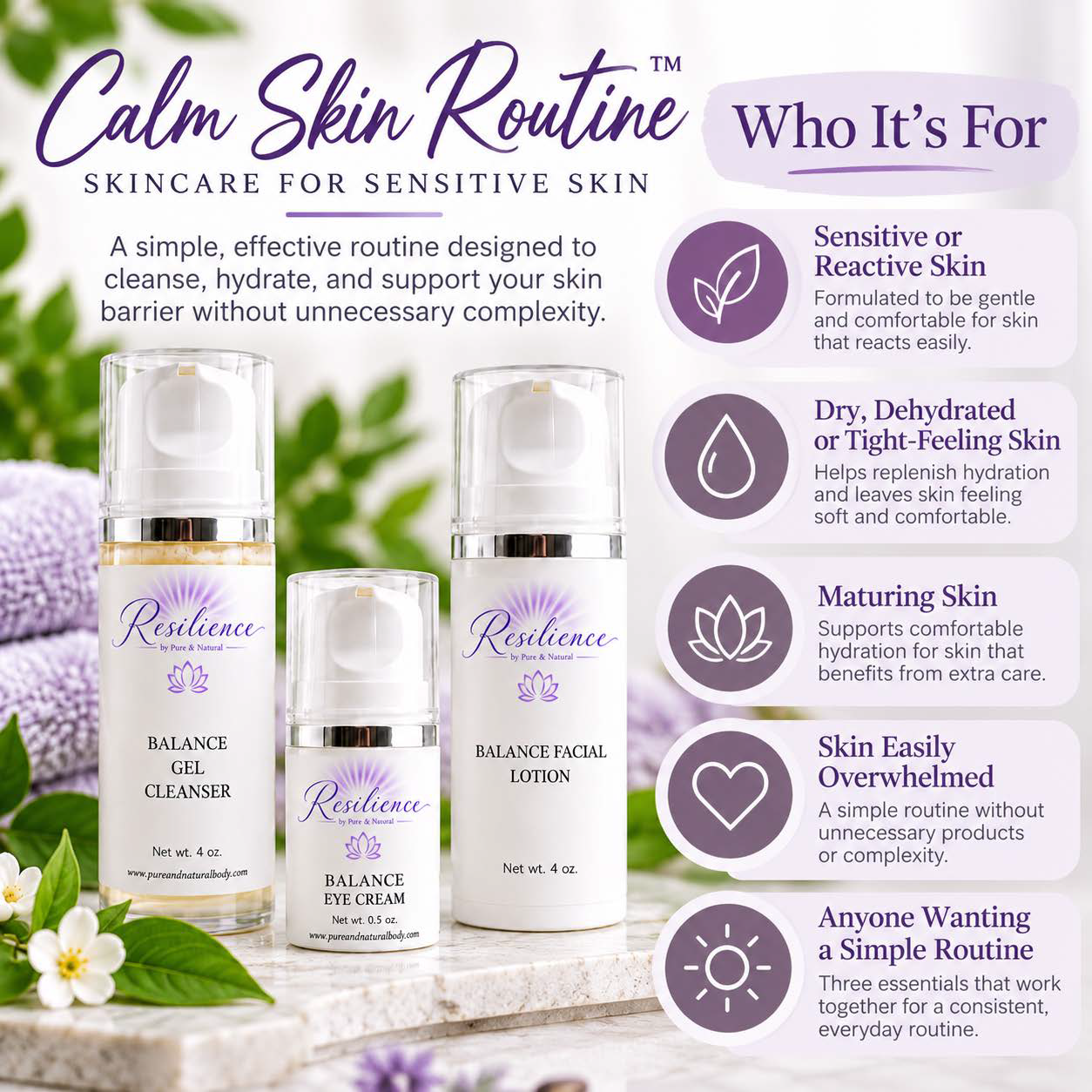 Calm Skin Routine for sensitive, reactive, dry and maturing skin with three Resilience skincare essentials