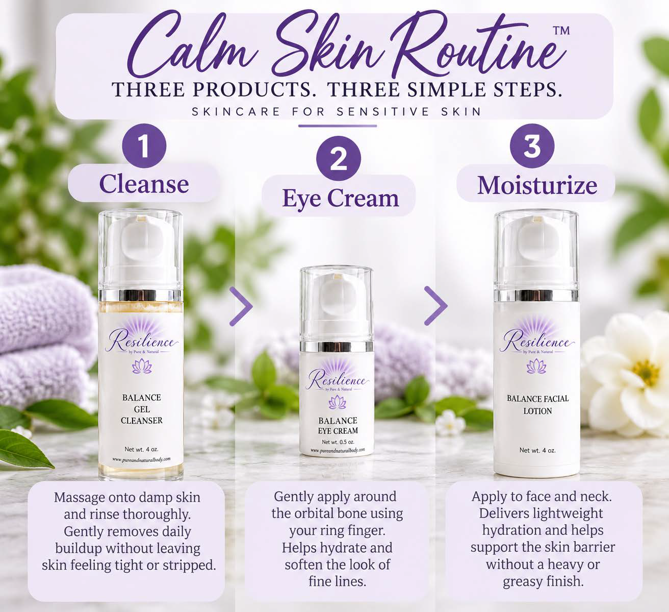 Calm Skin Routine three-step skincare routine for sensitive skin with cleanser, eye cream and facial lotion