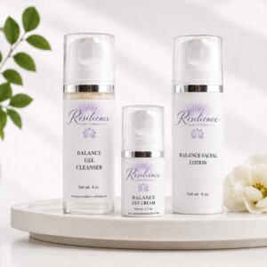 Calm Skin Routine for Sensitive Skin featuring Resilience Balance Gel Cleanser, Balance Eye Cream, and Balance Facial Lotion