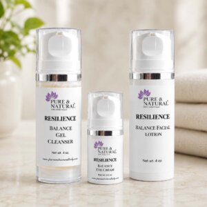 Calm Skin Routine for Sensitive Skin featuring Resilience Balance Gel Cleanser, Balance Eye Cream, and Balance Facial Lotion