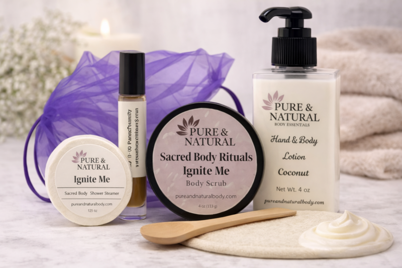 Natural Self-Care Kit mini spa gift set with organza pouch, shower steamers, body scrub, lotion, lip balm, and hidden affirmation card — thoughtfully curated in Michigan for relaxing home rituals.
