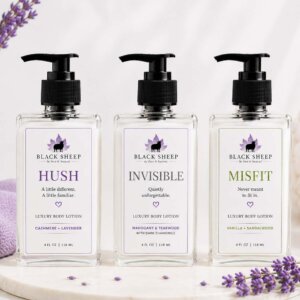Black Sheep hand & body lotion with HUSH, INVISIBLE and MISFIT scents made in Michigan