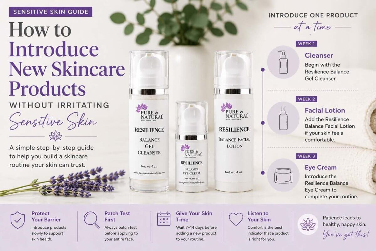 How to introduce new skincare products for sensitive skin using the Calm Skin Routine with Resilience Balance Gel Cleanser, Facial Lotion, and Eye Cream
