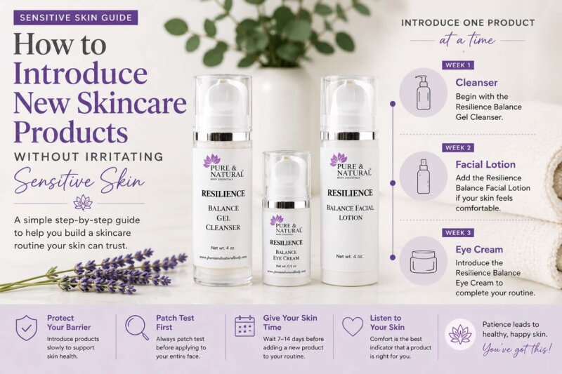 How to introduce new skincare products for sensitive skin using the Calm Skin Routine with Resilience Balance Gel Cleanser, Facial Lotion, and Eye Cream