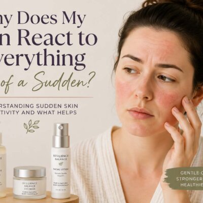 Why does my skin react to everything all of a sudden? Woman with reactive skin experiencing facial redness and sensitivity beside a gentle skincare routine for skin barrier support. 💜