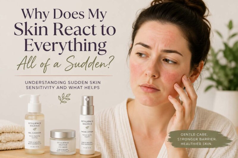 Clean Beauty Blog 2 Why does my skin react to everything all of a sudden? Woman with reactive skin experiencing facial redness and sensitivity beside a gentle skincare routine for skin barrier support. 💜
