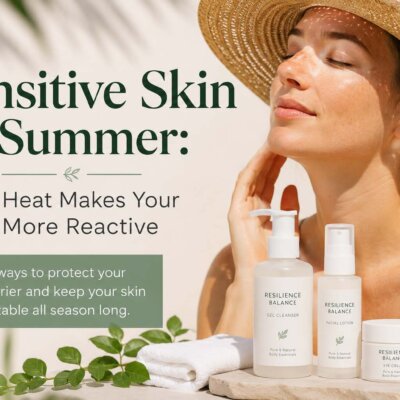 Summer skincare for sensitive skin featuring the Resilience Balance Gel Cleanser, Balance Facial Lotion, and Balance Eye Cream by Pure & Natural Body Essentials.