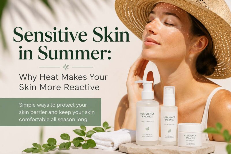 Clean Beauty Blog 5 Summer skincare for sensitive skin featuring the Resilience Balance Gel Cleanser, Balance Facial Lotion, and Balance Eye Cream by Pure & Natural Body Essentials.