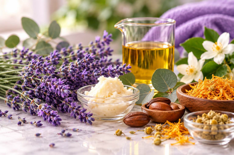 Plant-based skincare ingredients with lavender, botanical oils, shea butter, calendula, and chamomile.