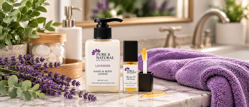 Pure & Natural Body Essentials Lavender Hand & Body Lotion and Marula Lip Oil in a natural bathroom vanity setting.