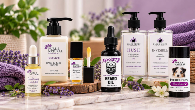 Pure & Natural Body Essentials product collection featuring body care, lip care, Rocket’s Beard Care, Black Sheep lotions, and Pachee Paws pet care.