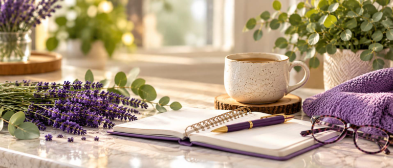 Sensitive skin and natural skincare blog with an open notebook, lavender, greenery, coffee, and purple accents.