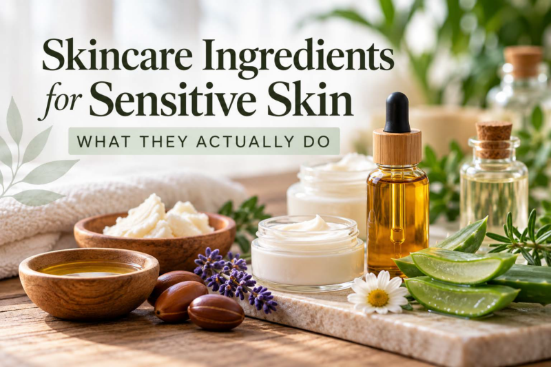 Skincare ingredients for sensitive skin including plant oils, creams, aloe vera, lavender, and botanical ingredients.